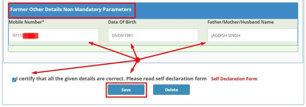 Enter other Details for Farmer Registration Uttar Pradesh like Mobile number, DOB, Father name and click on Save